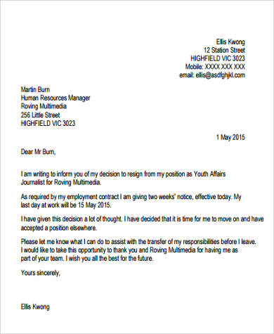 resignation letter with notice period