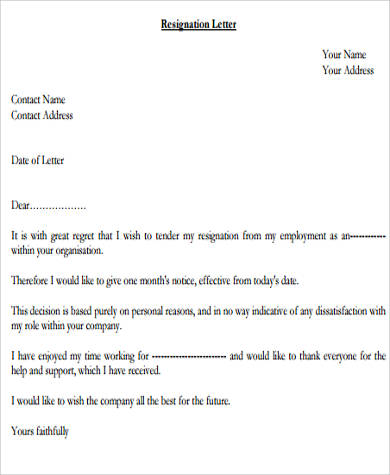 sample job resignation letter