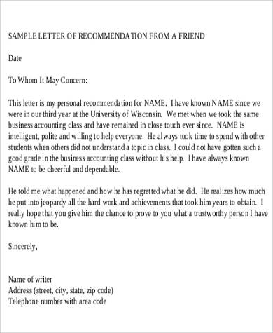 professional reference letter for a friend pdf