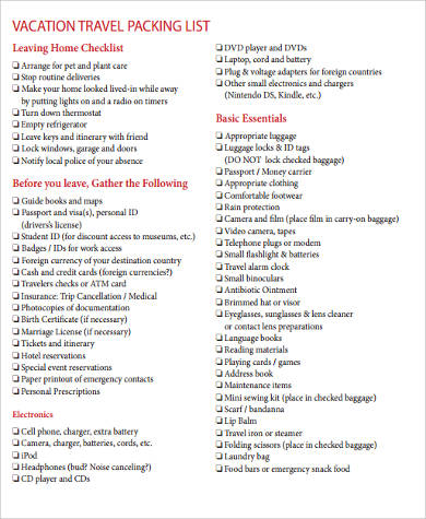 vacation travel packing checklist pdf