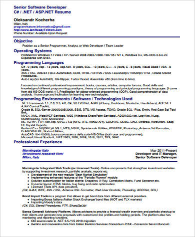 resume sample for software developer