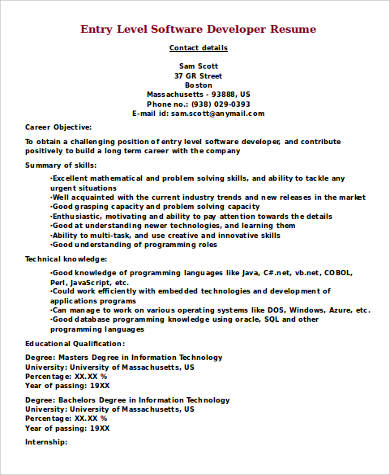 entry level software developer resume