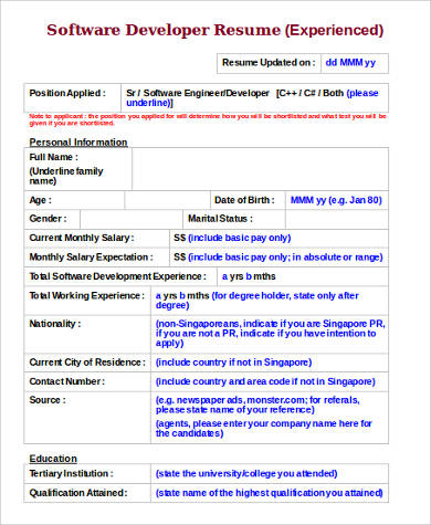 experienced software developer resume