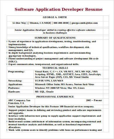 resume developer software application pdf