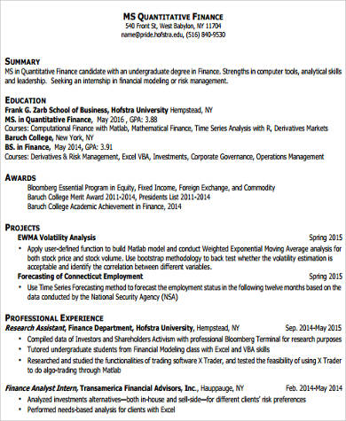 finance resume summary