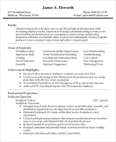 production supervisor resume in pdf