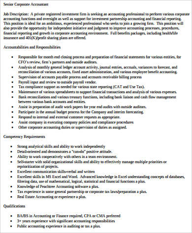 sample corporate senior accountant job description