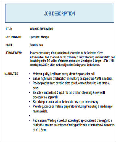 welder supervisor job description