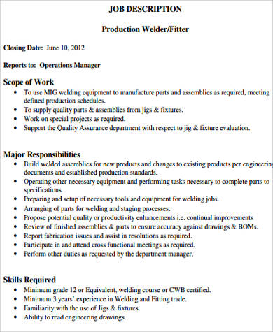 production welder job description example