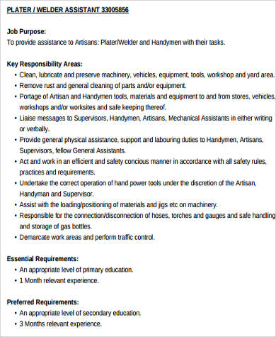 welder assistant job description example