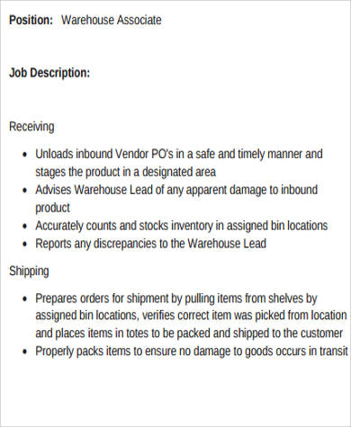 sample warehouse associate job description 