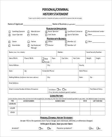 personal criminal history statement example