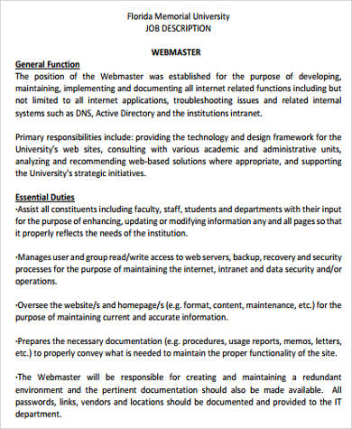 university webmaster job description