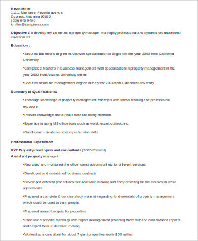 assistant property manager resume