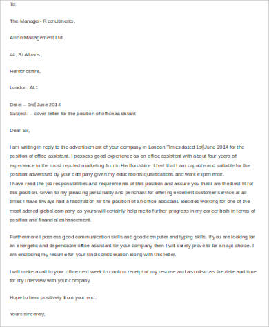 sample cover letter for office assistant