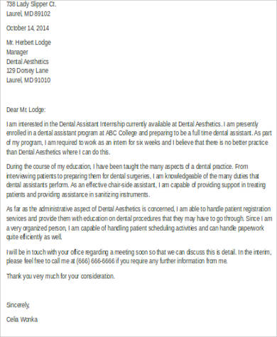 dental assistant cover letter for internship