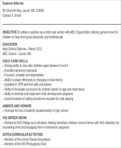 sample objective for resume child care