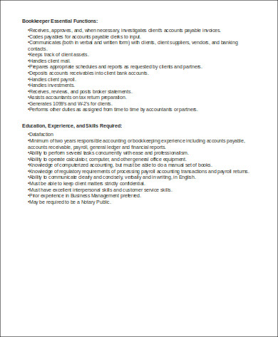 Free 7 Sample Bookkeeper Resume Templates In Ms Word Pdf