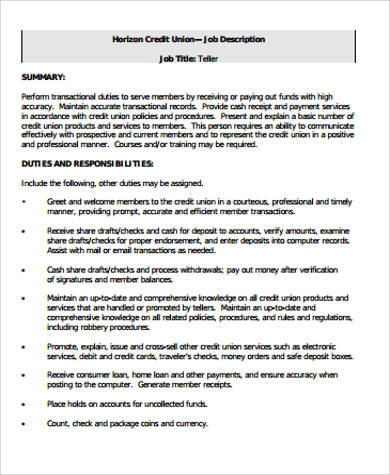 bank teller job description for resume