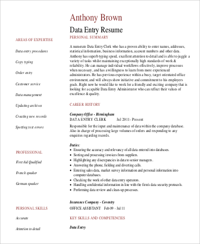 basic data entry resume example