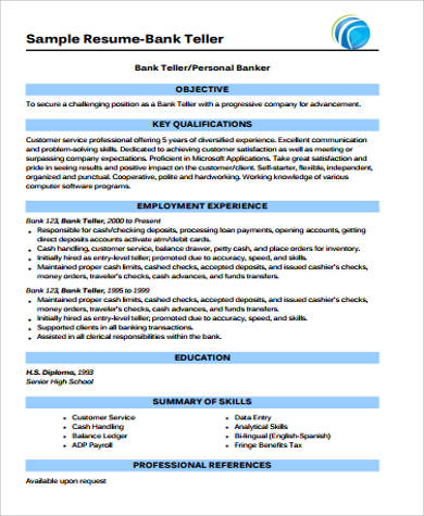 Free 7 Sample Bank Teller Resume Templates In Ms Word Pdf