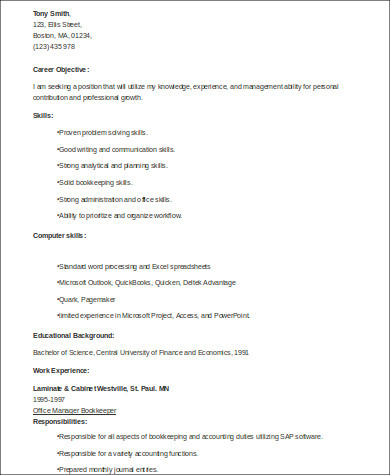 office manager bookkeeper resume