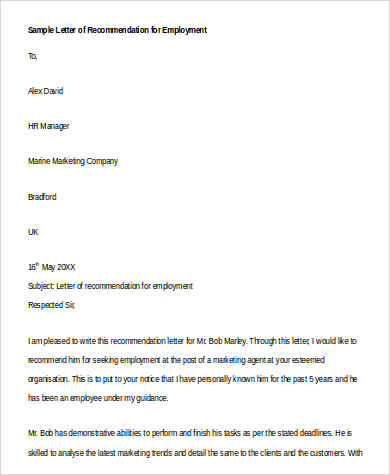 professional letter of recommendation for employment