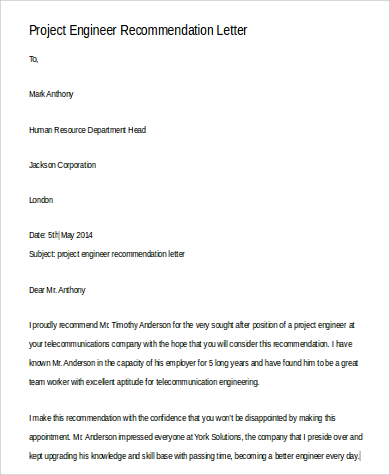 professional project engineer letter of recommendation