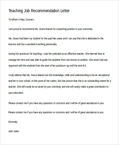 professional teaching job recommendation letter