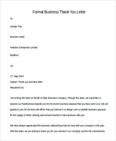 formal business thank you letter sample