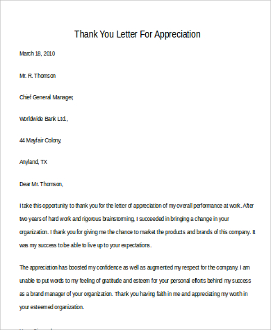 formal thank you letter for appreciation in word