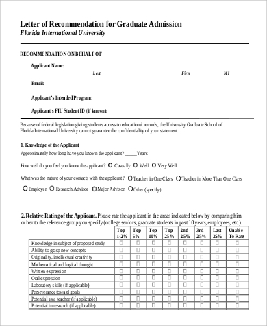 letter of recommendation form for graduate school admission