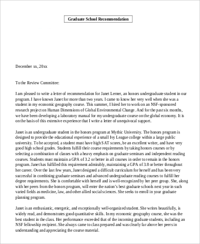 Reference Letter For Admission To Graduate School