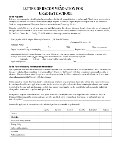 printable recommendation letter for graduate school