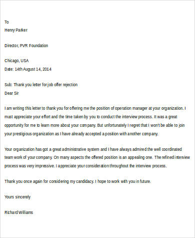 job offer rejection thank you letter