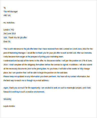 hr thank you letter 7  Examples Sample  You Letter Job Offer Thank in for