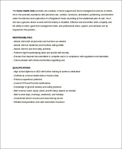 home health aide job description for resume