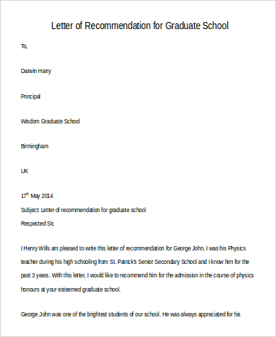 letter of recommendation for graduate school example