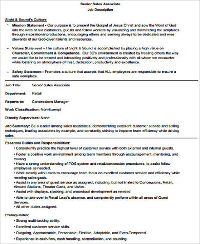 retail senior sales associate job description sample
