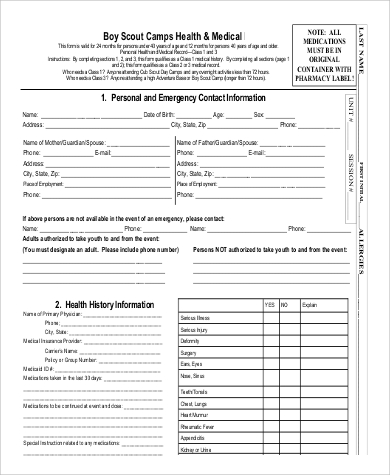 form scouts health PDF Examples Scout Form  Medical  Sample in  Word, Boy 7