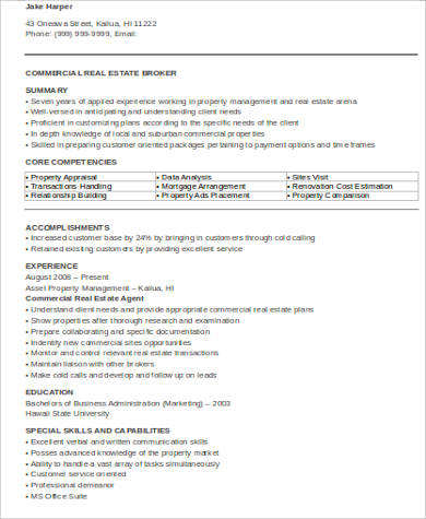 commercial real estate resume