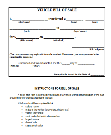 vehicle bill of sale in word