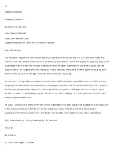 career change resignation cover letter