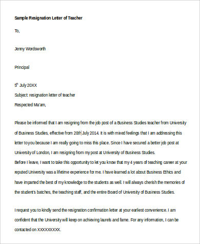 sample resignation letter of teacher