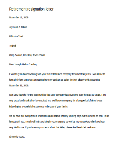 formal retirement resignation letter sample