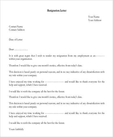 formal letter of resignation example