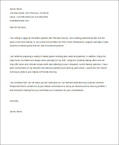 sample cover letter for a bakery business plan