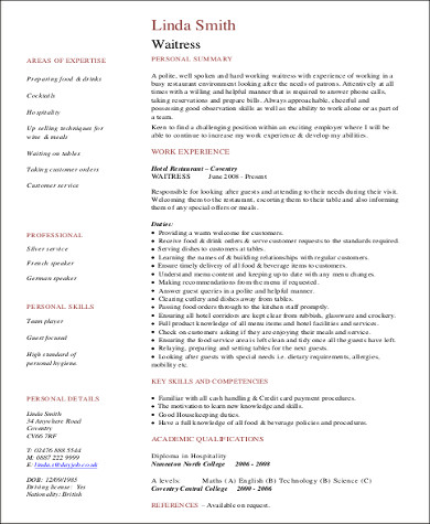 waiteress resume sample pdf