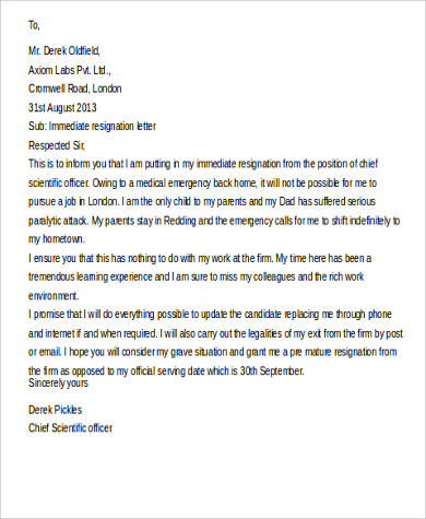 Sample Of Immediate Resignation Letter For Personal Reasons from images.sampletemplates.com