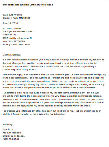 immediate resignation letter due to illness